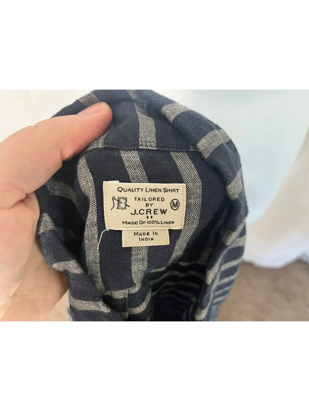 J. Crew Men's Navy Blue Gray Striped Short Sleeve 100% Linen Shirt Medium M